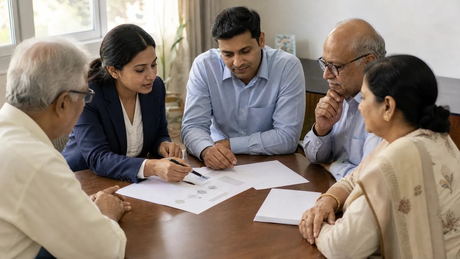 A retirement-services team reviews draft fund and pension documents before final approval.