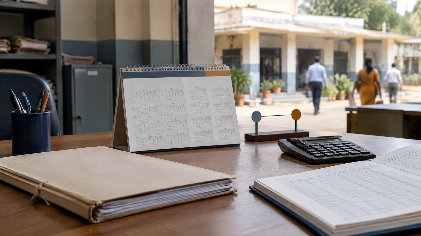 Generic Indian public-payroll desk with a blank file, calculator and abstract calendar showing deferred stages from late 2026 through 2028.