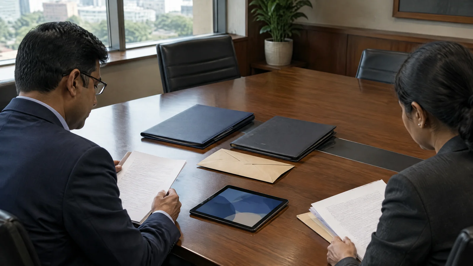 Indian bank-governance team reviewing two closed folders and a sealed candidate envelope in a neutral, unbranded boardroom.