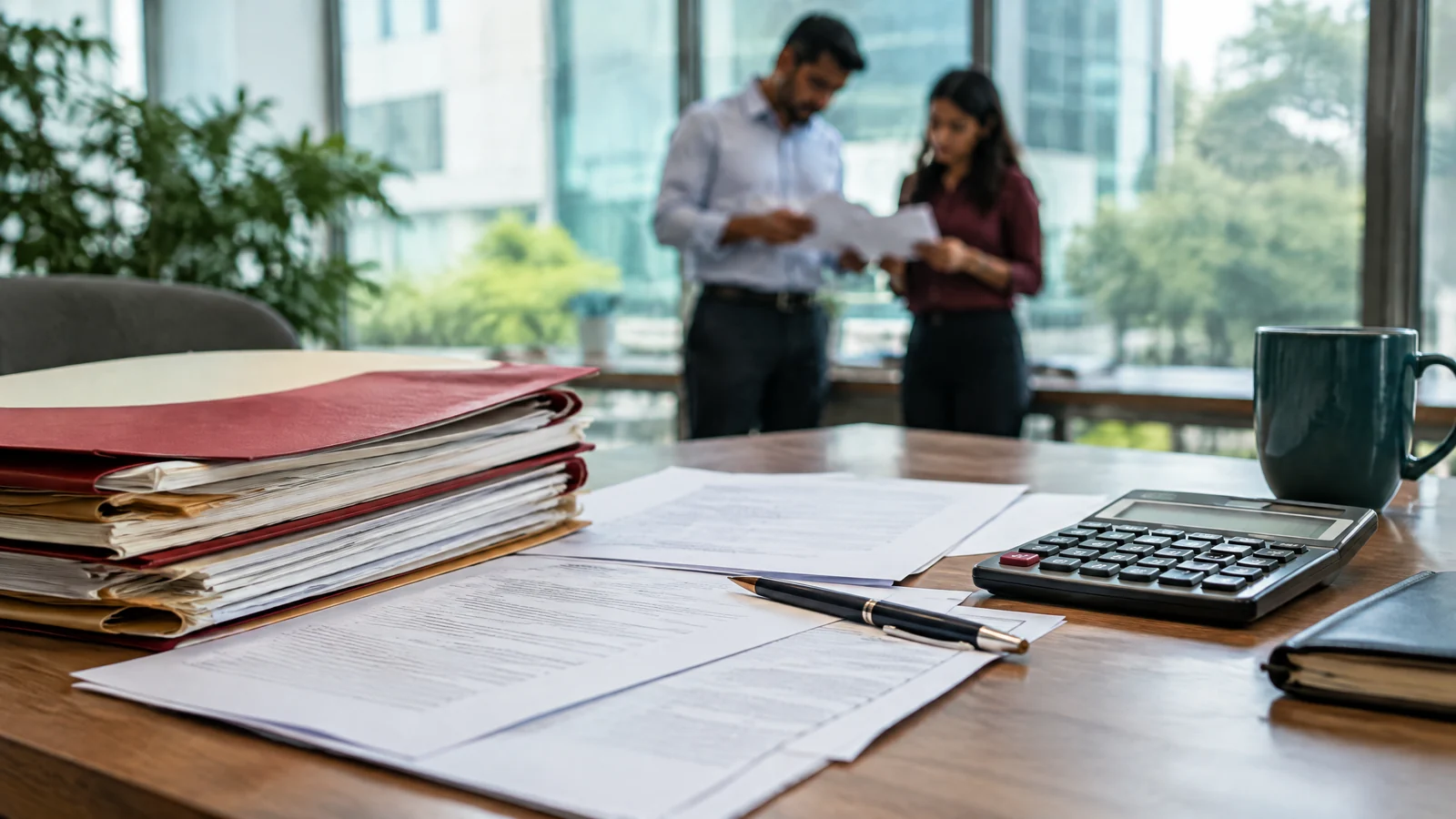 Generic unreadable corporate and accounting papers with a calculator on a Bengaluru office desk, with no seals or approval marks.